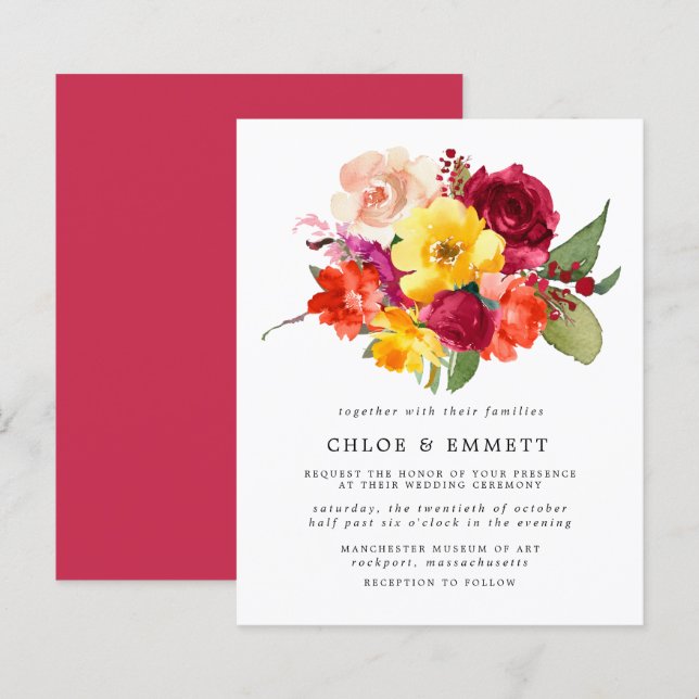 Budget Burgundy Orange Yellow Pink Wedding Invite (Front/Back)