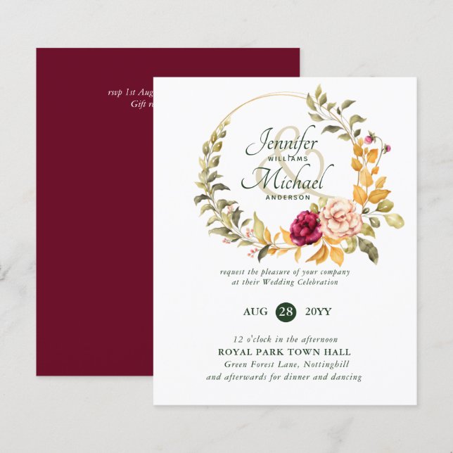 BUDGET Burgundy Peach Floral Wedding Invitations (Front/Back)