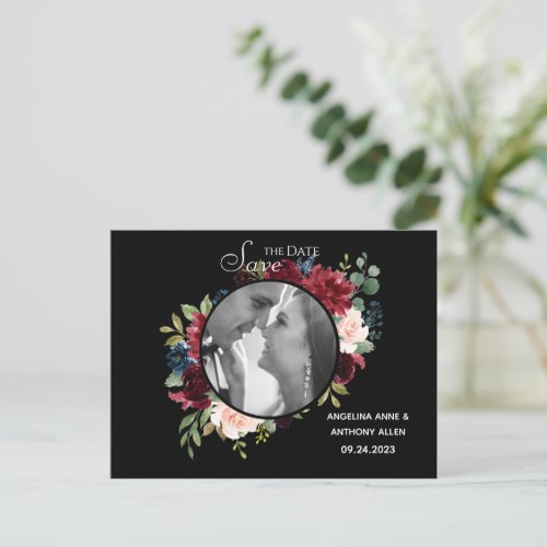 Budget Burgundy Photo Elegant Watercolor Floral Announcement Postcard