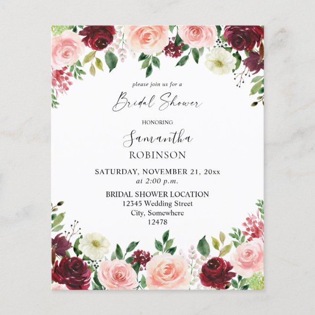 Budget Burgundy & Pink 4 Floral Bridal Shower 2 Flyer (Front)