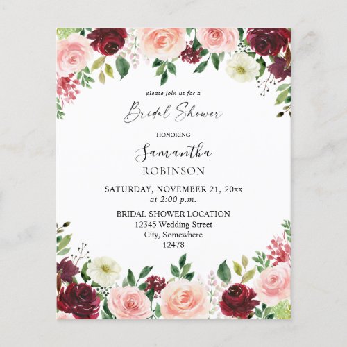 Budget Burgundy  Pink 4 Floral Bridal Shower 2 Flyer