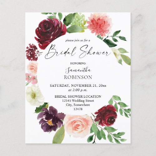 Budget Burgundy  Pink 4 Floral Bridal Shower Flyer