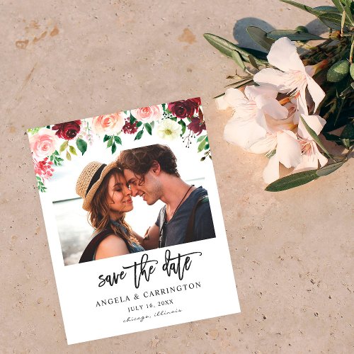 Budget Burgundy Pink 4 Floral Save the Date Photo Flyer