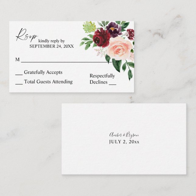 Budget Burgundy & Pink Floral 4 2SM No Meal RSVP Enclosure Card (Front/Back)