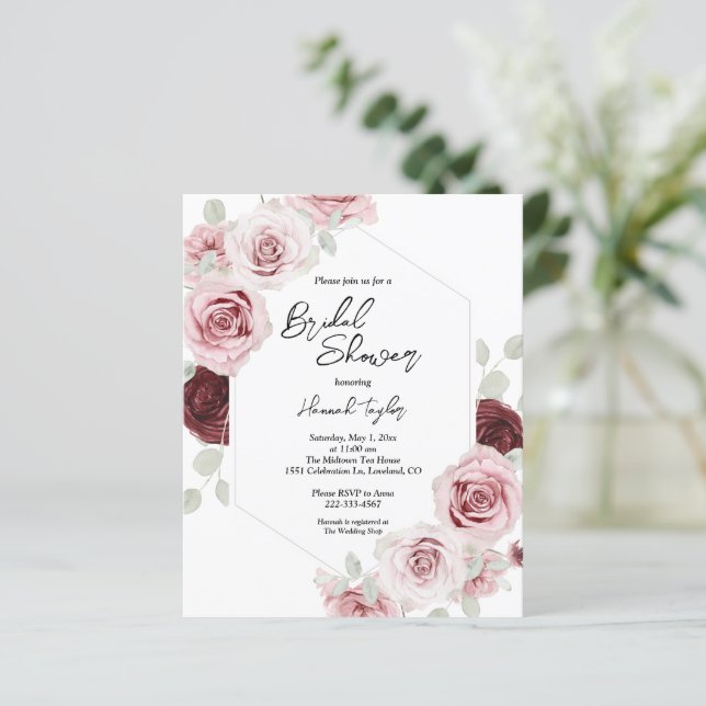 Budget Burgundy Pink Floral Bridal Shower Invite (Standing Front)