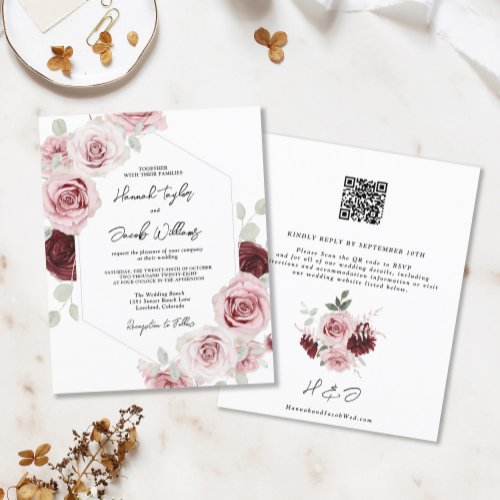 Budget Burgundy Pink Floral QR Code Wedding Invite
