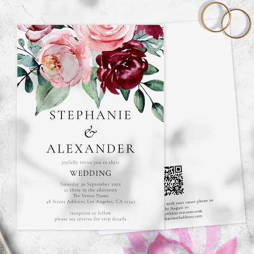 Budget Burgundy Pink Floral QR Code Wedding invite
