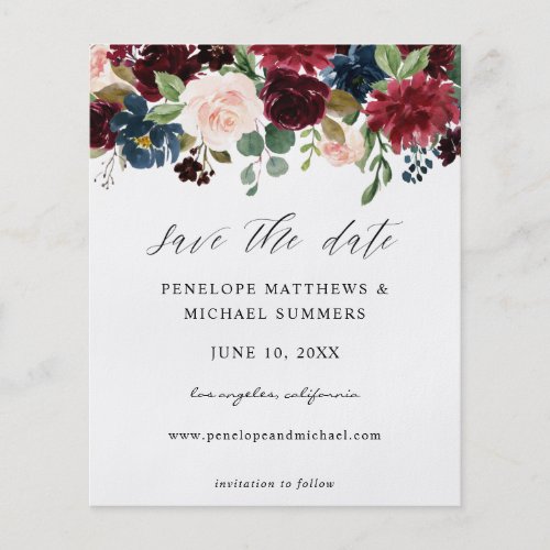 Budget Burgundy  Pink Floral Save the Date Flyer