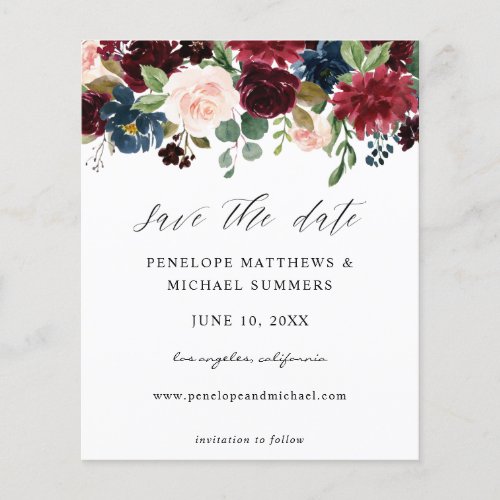 Budget Burgundy  Pink Floral Save the Date Photo Flyer