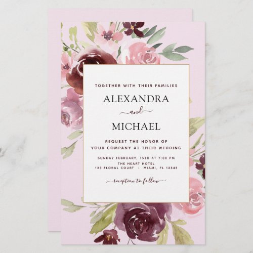 Budget Burgundy Pink Floral Wedding Invitation