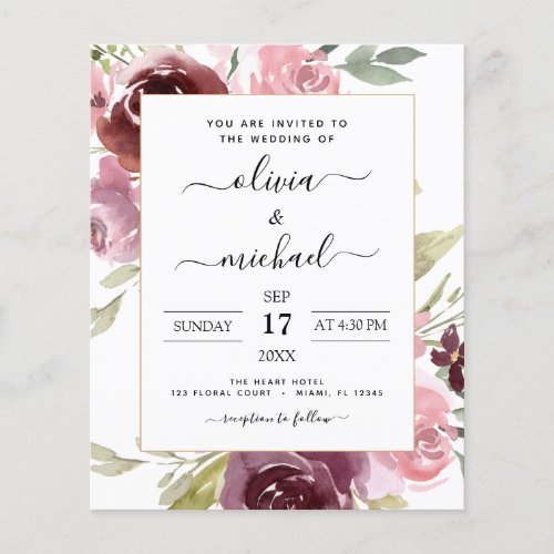 Budget Burgundy Pink Floral Wedding Invitation