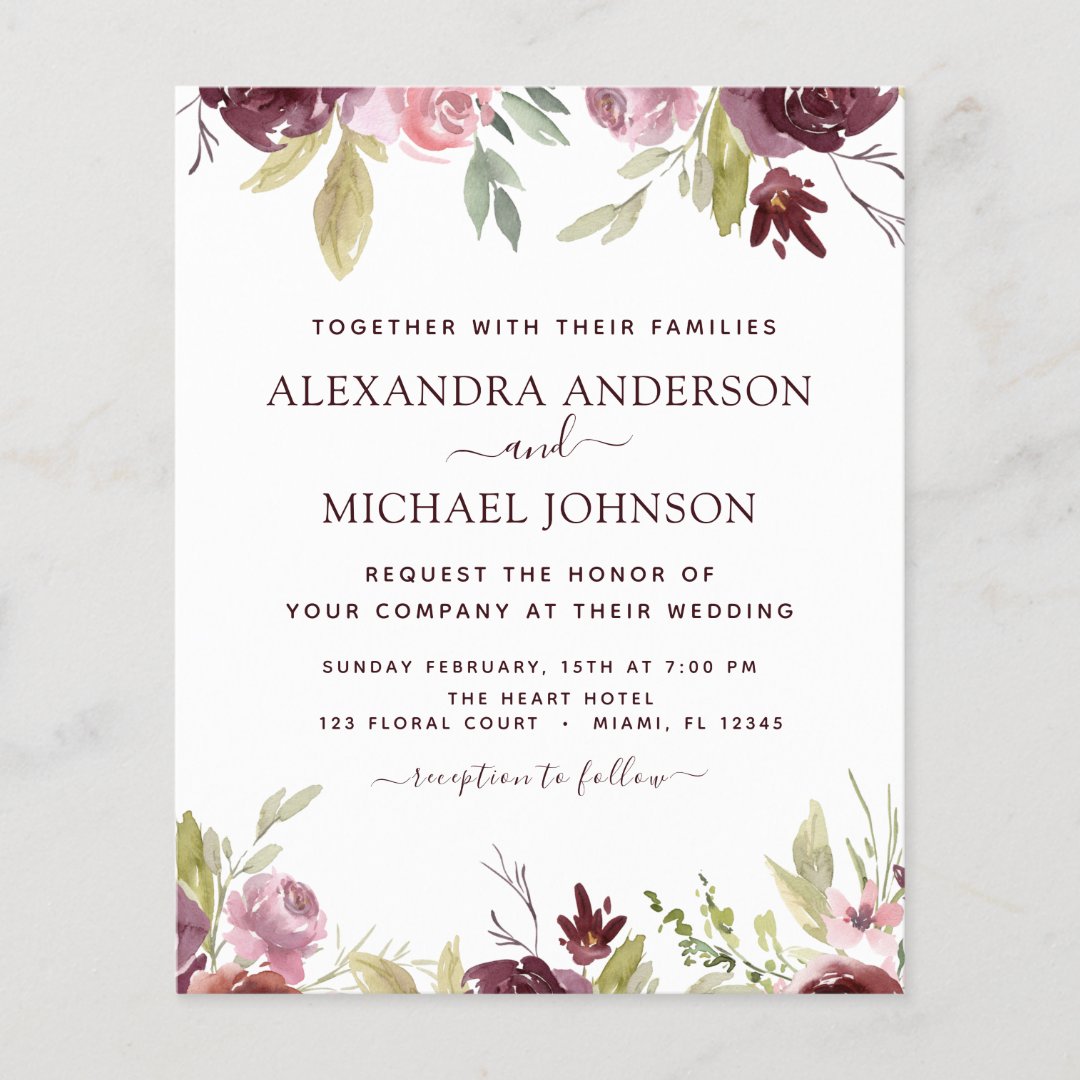 Budget Burgundy Pink Floral Wedding Invitation | Zazzle