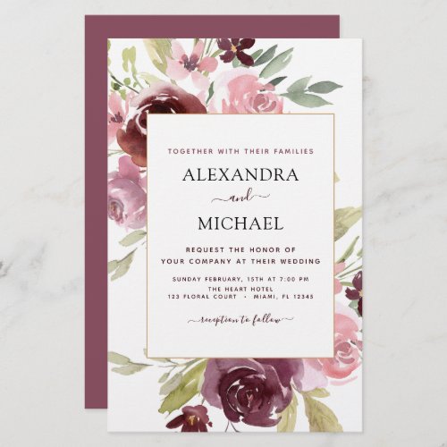 Budget Burgundy Pink Floral Wedding Invitation