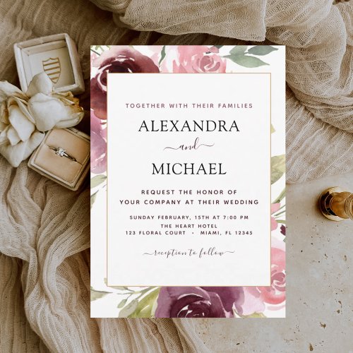 Budget Burgundy Pink Floral Wedding Invitation