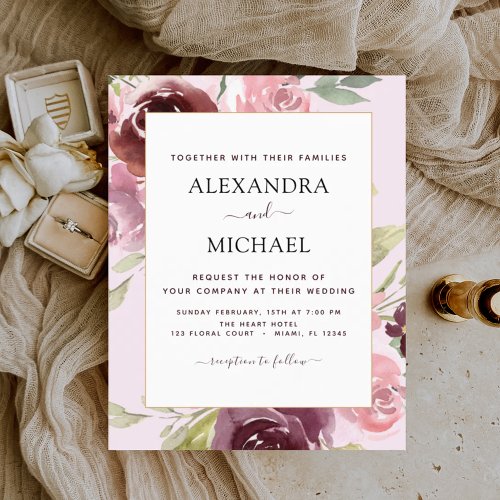 Budget Burgundy Pink Floral Wedding Invitation