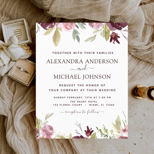 Budget Burgundy Pink Floral Wedding Invitation