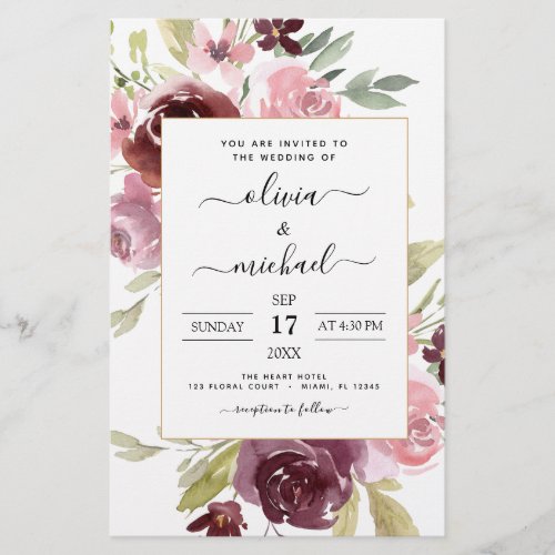 Budget Burgundy Pink Floral Wedding Invitation