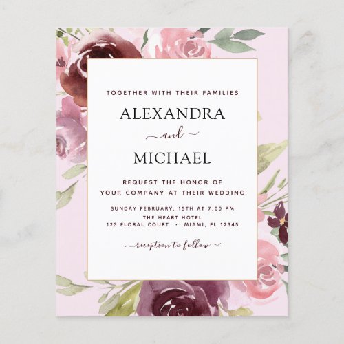 Budget Burgundy Pink Floral Wedding Invitation Flyer