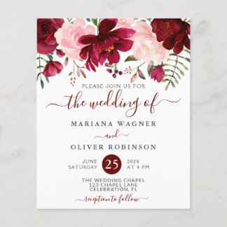 Budget Burgundy Pink Floral Wedding Invitation Flyer
