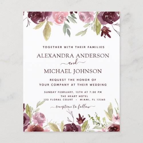 Budget Burgundy Pink Floral Wedding Invitation Flyer