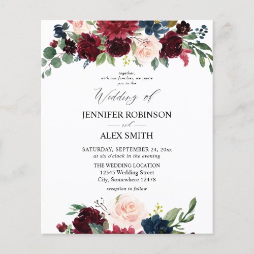 Budget Burgundy Pink  Navy Floral Wedding 2 Fly Flyer