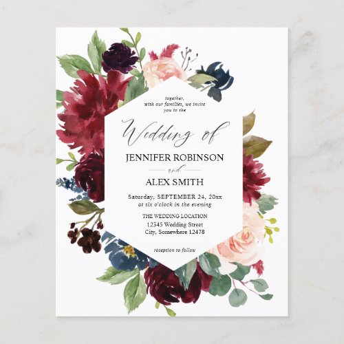 Budget Burgundy Pink  Navy Floral Wedding Flyer