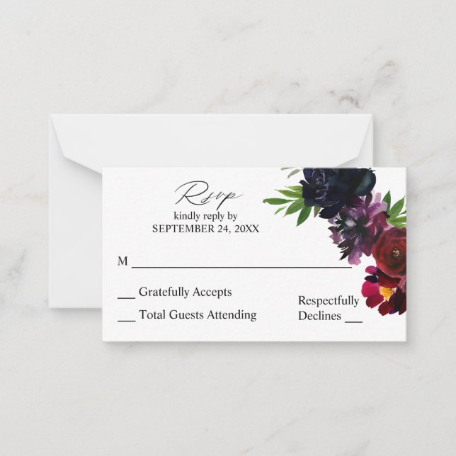 Budget Burgundy Plum & Navy Floral SM No Meal RSVP Note Card (Front)