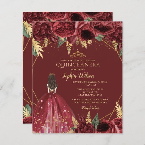 Budget Burgundy Princess Quinceaera Invitation