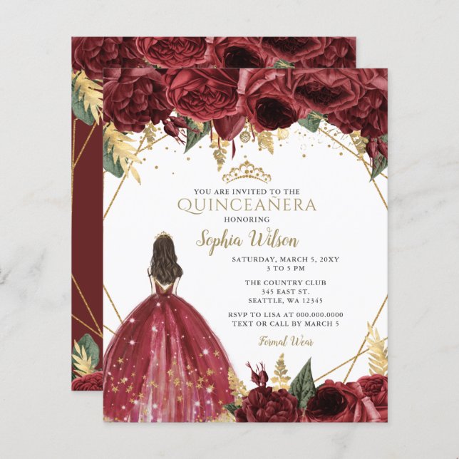 Budget Burgundy Princess Quinceañera Invitation (Front/Back)