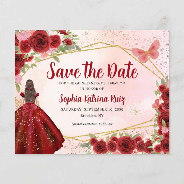 Budget Burgundy Princess Quinceañera Save the Date (Front)