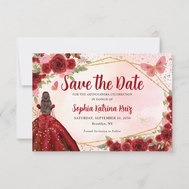 Budget Burgundy Princess Quinceañera Save the Date Note Card (Front)