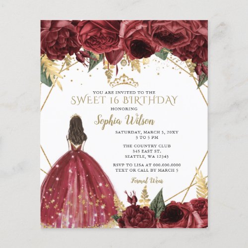 Budget Burgundy Princess Sweet 16 Invitation