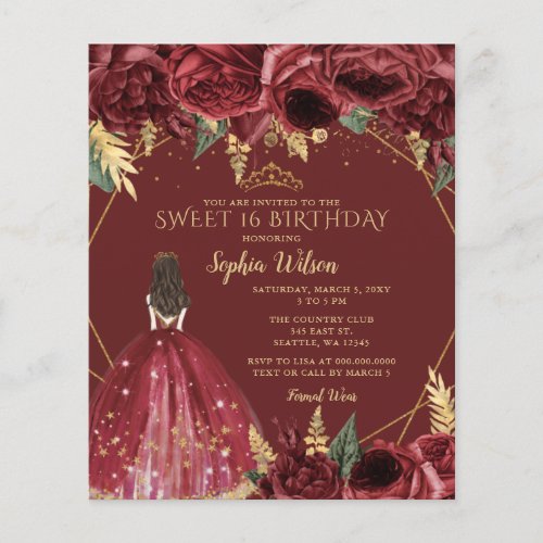 Budget Burgundy Princess Sweet 16 Invitation