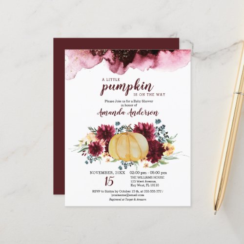 Budget Burgundy Pumpkin Baby Shower Invitation