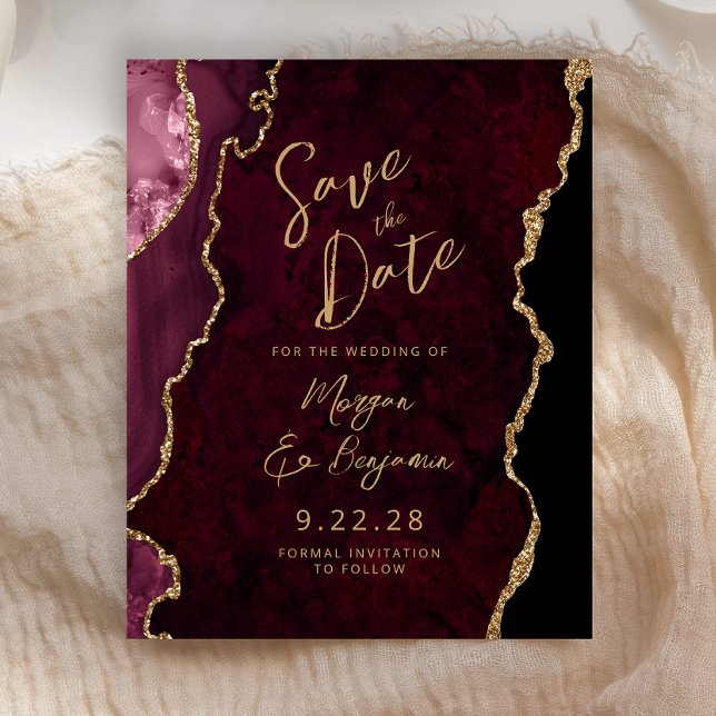 Budget Burgundy Red Agate Script Save the Date (Creator Uploaded)