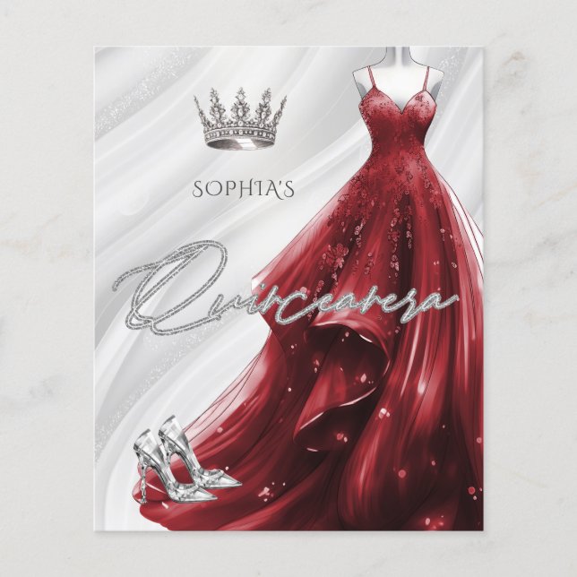 Budget Burgundy Red Dress Quinceañera Invitation (Front)