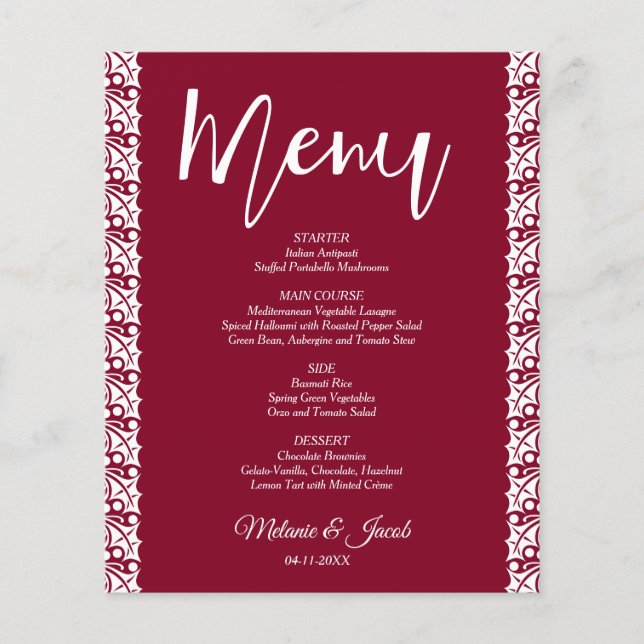 Budget Burgundy Red Elegant Wedding Menu (Front)