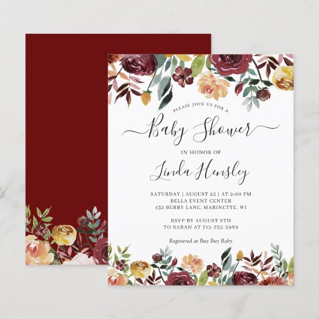 Budget Burgundy Red Floral Baby Shower Invitations (Front/Back)
