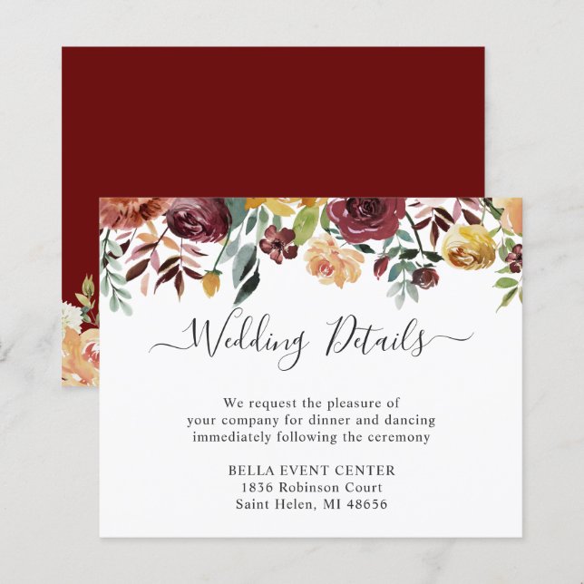Budget Burgundy Red Floral Wedding Details Card (Front/Back)