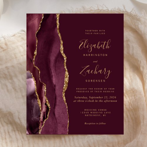 Budget Burgundy Red Gold Agate Wedding Invitation