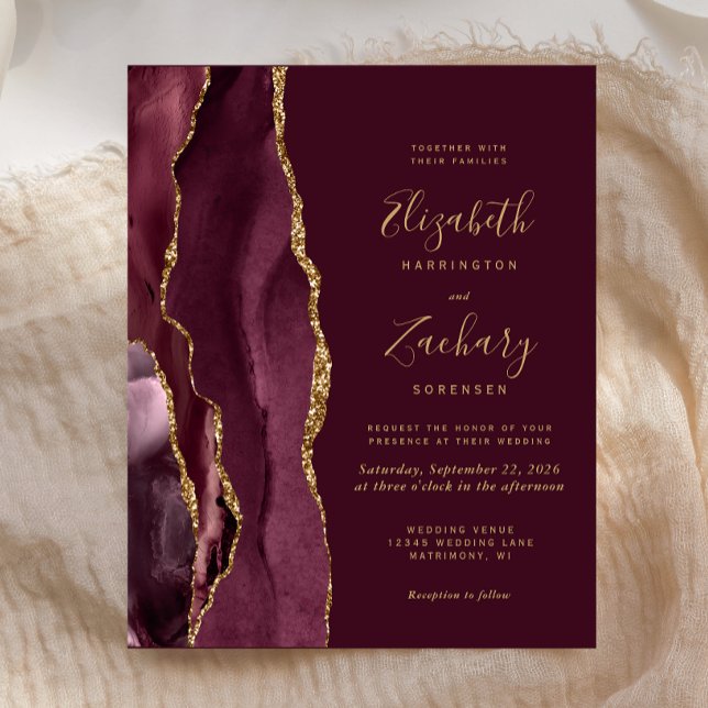 Budget Burgundy Red Gold Agate Wedding Invitation (Creator Uploaded)