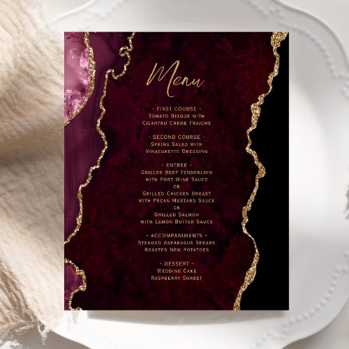 Budget Burgundy Red Gold Agate Wedding Menu