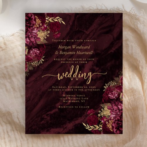 Budget Burgundy Red Gold Floral Wedding Invite