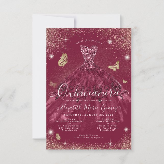 Budget Burgundy Red Gold Glitter Gown Quinceanera Note Card (Front)