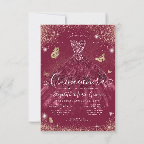 Budget Burgundy Red Gold Glitter Gown Quinceanera Note Card