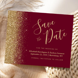 Budget Burgundy Red Gold Glitter Save the Date