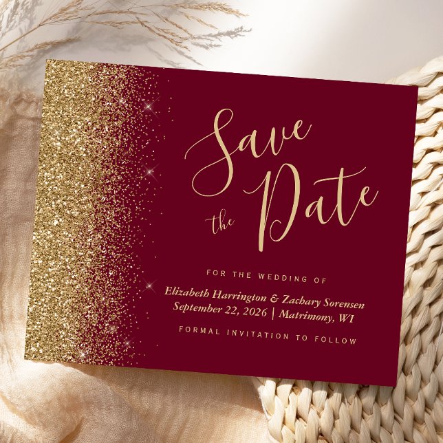 Budget Burgundy Red Gold Glitter Save the Date (Creator Uploaded)