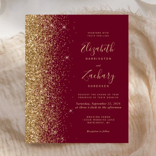 Budget Burgundy Red Gold Glitter Wedding Invite