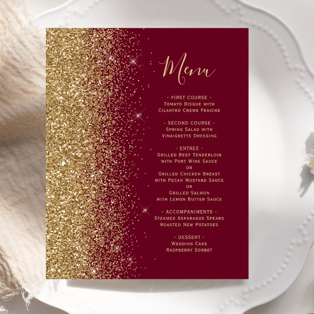 Budget Burgundy Red Gold Glitter Wedding Menu (Creator Uploaded)