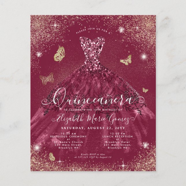 Budget Burgundy Red Gold Gown Quinceanera Invite (Front)